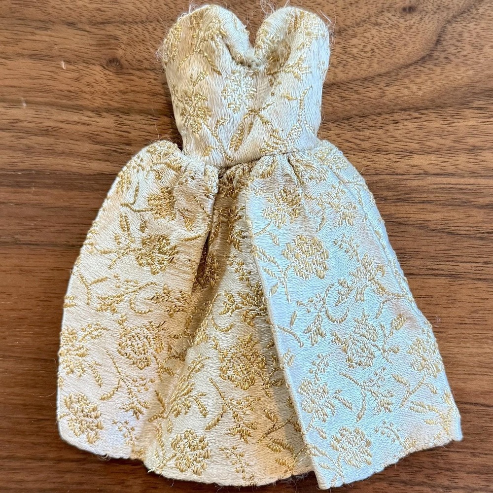 Vintage 60s 1960s Barbie Clone Dress Cream Gold Lamé Strapless‎ Mini Gown Snaps
